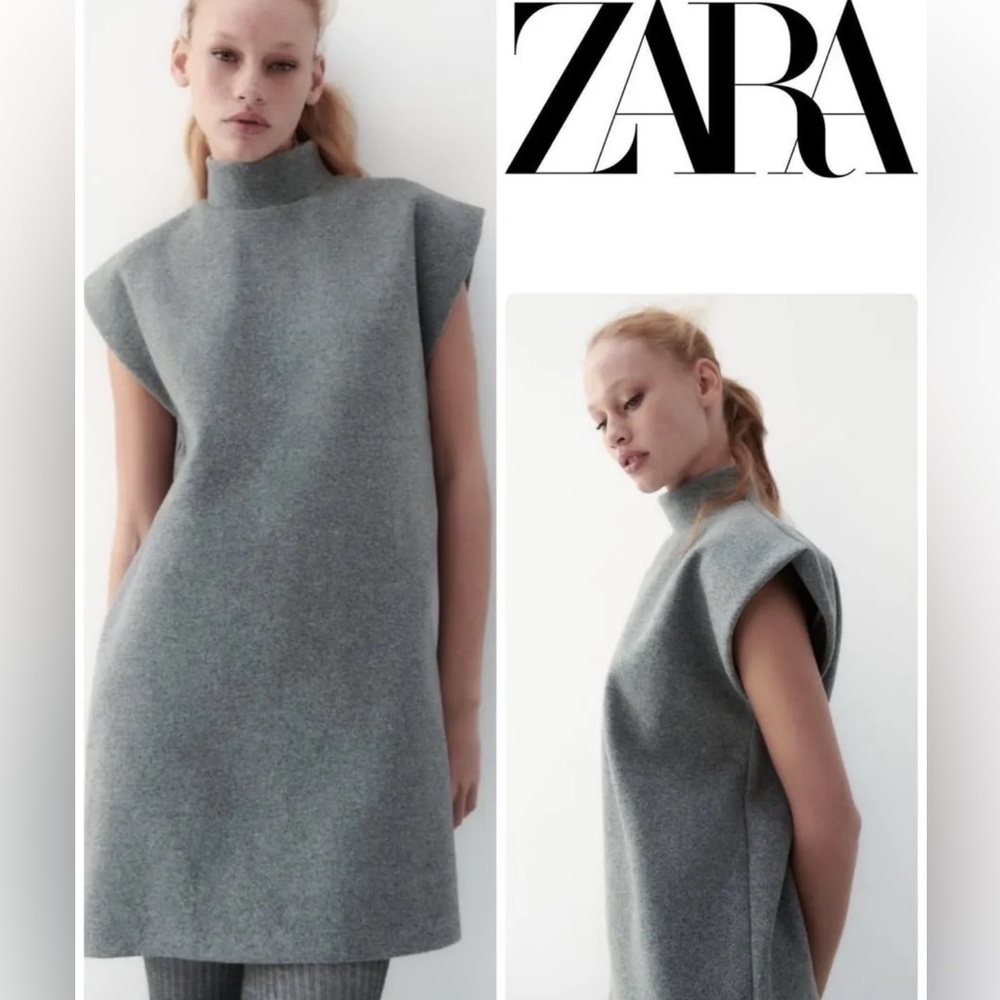 Zara NWT Sleeveless High Collar Boxy Mini Dress In Gray Size Small - Picture 2 of 8
